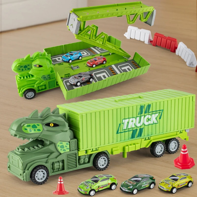 Kids transforming dinosaur truck toy opens into a race track for cars, an active play set for children.