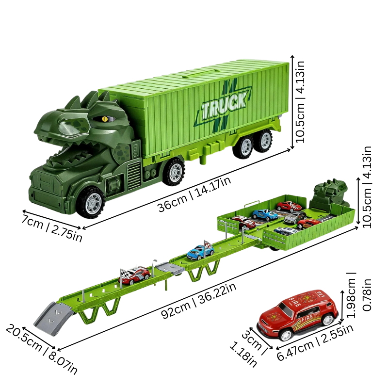 Storage dinosaur truck toy transforms into a vehicle race track with car launcher, perfect kids play set.