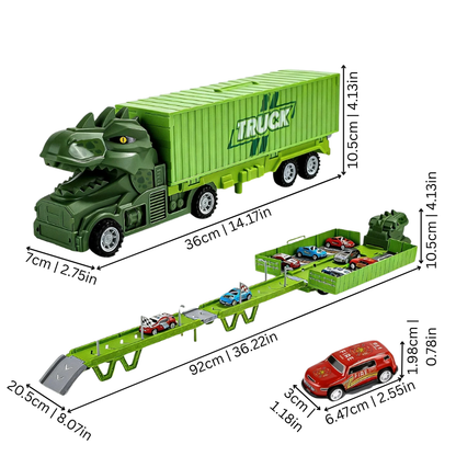 Storage dinosaur truck toy transforms into a vehicle race track with car launcher, perfect kids play set.