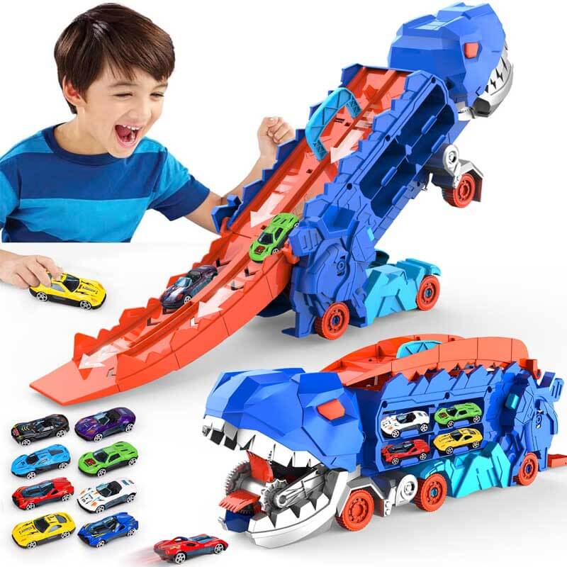 Kids' transforming dinosaur truck toy set with 4 mini cars on a race track