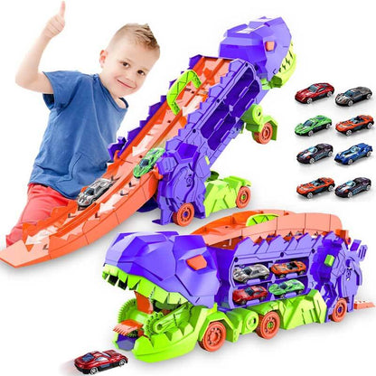 Transforming dinosaur truck toy set demonstrating car launch mechanism on its track