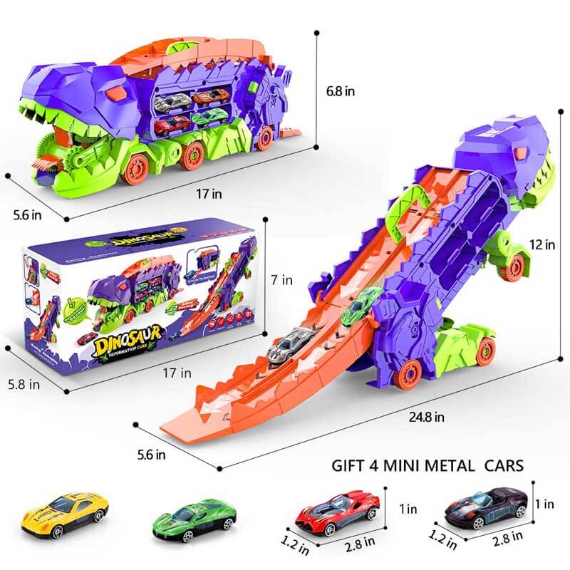 Happy child unboxing their new transforming dinosaur truck and toy car set
