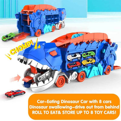 Dinosaur truck toy transforming into a multi-level race track for kids' activity