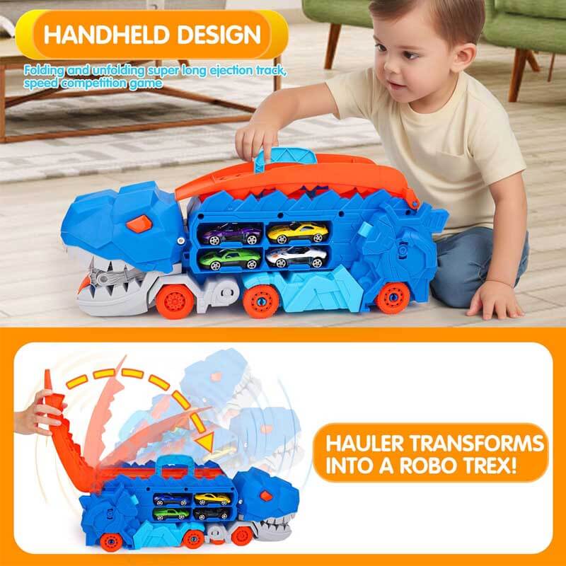 Close-up of a green dinosaur truck toy showing intricate transforming features for play