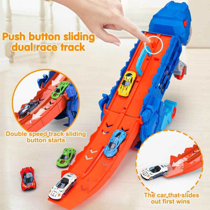 Children playing with transforming dinosaur truck toy set, launching toy cars