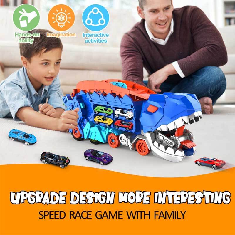 Overhead view of the dinosaur truck toy in its expanded race track mode with cars