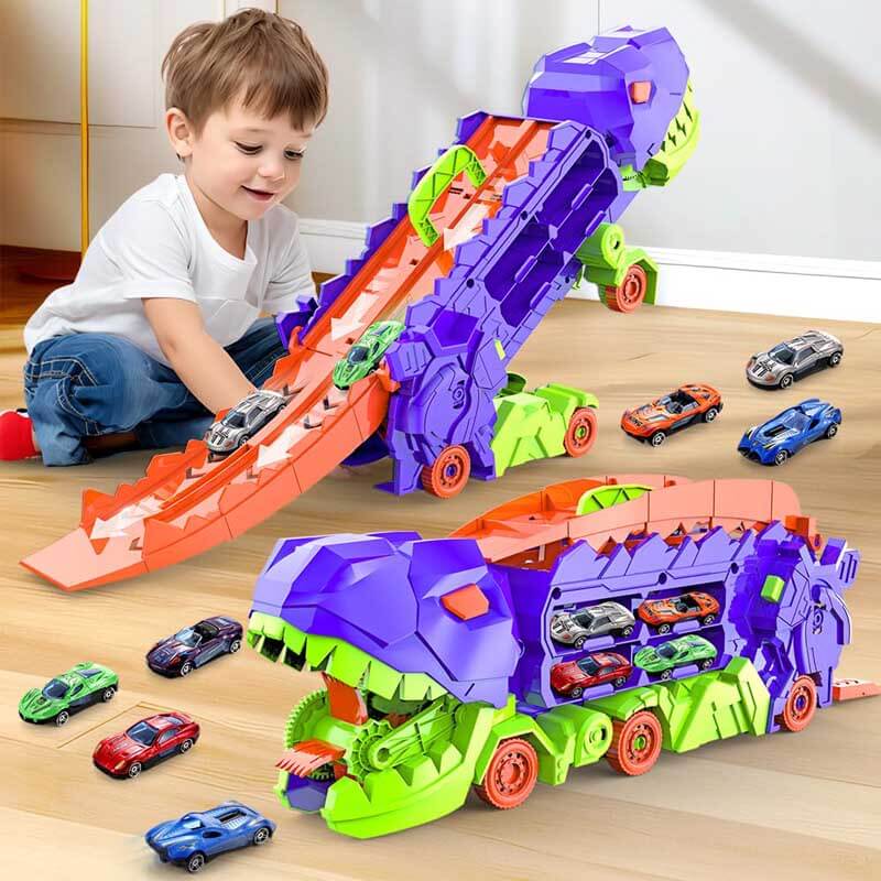 Detail of a mini toy car included in the dinosaur truck race track play set