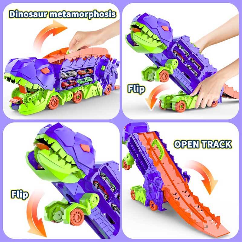 Educational toy: a transforming dinosaur truck encouraging imaginative play with cars