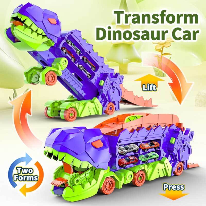 Side view of the large dinosaur truck toy before transformation, ready for play