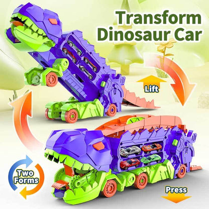Side view of the large dinosaur truck toy before transformation, ready for play