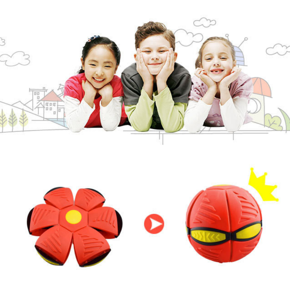 Group of children playing outdoors with the red Transforming Disc Ball, promoting active fun.
