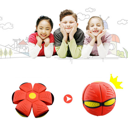 Group of children playing outdoors with the red Transforming Disc Ball, promoting active fun.