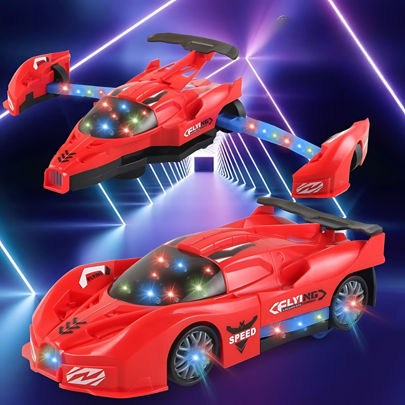 Kids' transforming police car toy with LED lights, blue and white, mid-transformation, for ages 4-5