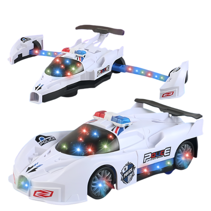 Close-up of kids' transforming police car toy, LED lights illuminated, designed for interactive fun and active play