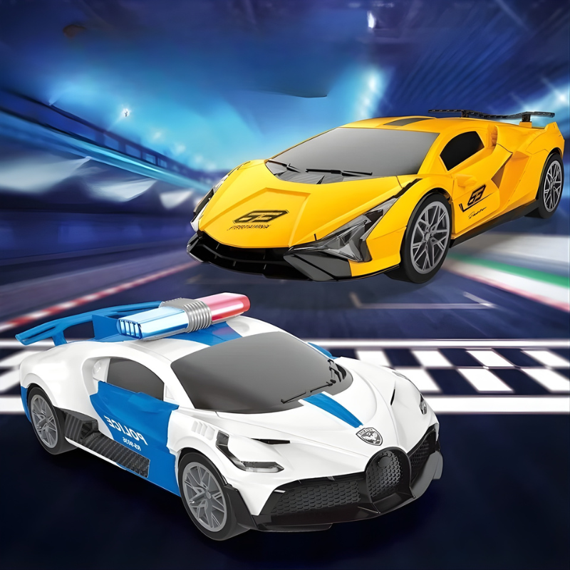 Kids' transforming race car toy with LED lights, music, and realistic police car sounds, ideal for creative play