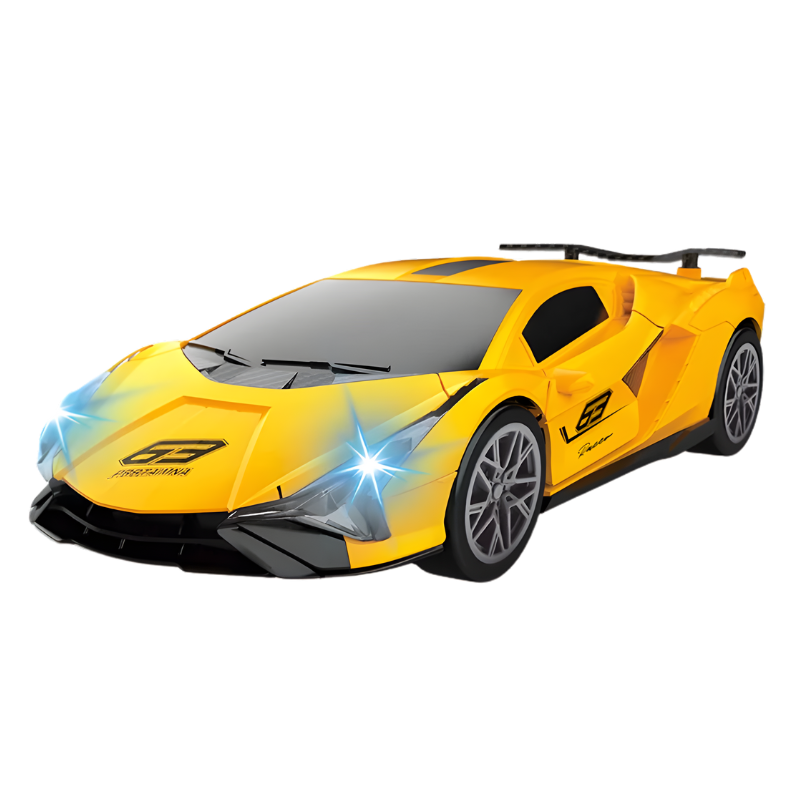 Sporty transforming race car toy for children, equipped with vibrant lights and sound effects for enhanced play experience