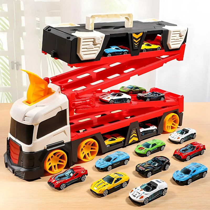 Kids transforming race truck playset open to reveal an exciting car track for imaginative vehicle play.
