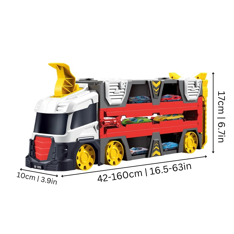 Childrens toy transforming race truck playset includes a car track and two vehicles, fostering imagination.