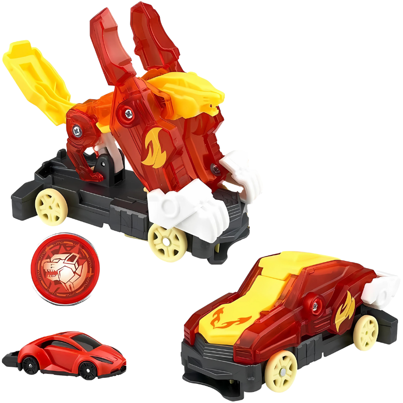 Red Transforming Stunt Car Toy racing on a floor, an exciting action toy for boys and girls