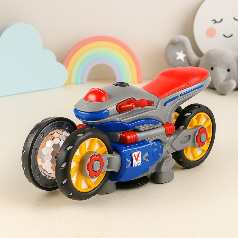 Kids' transforming stunt motorcycle toy with bright lights & music, perfect for ages 3-5.