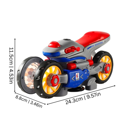Dynamic kids' remote control stunt motorcycle toy with colorful lights and engaging music.