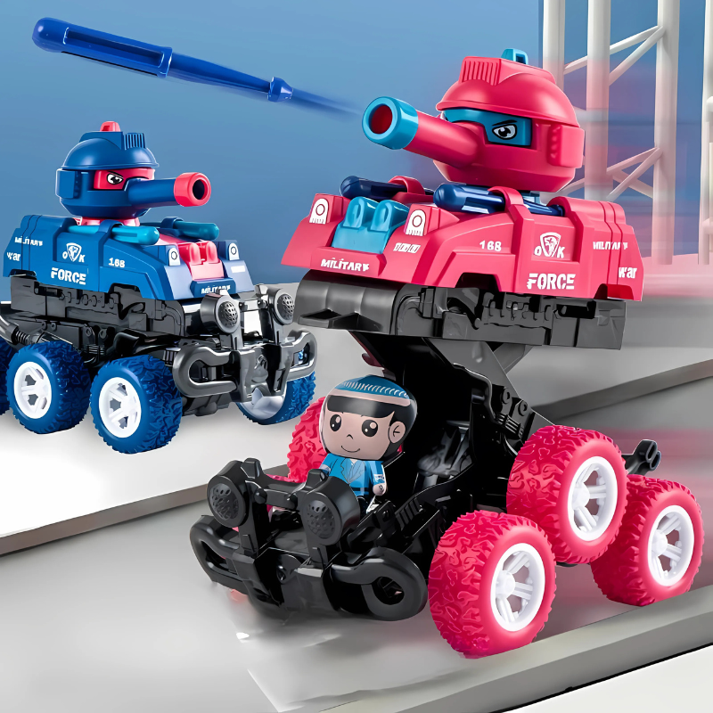Kids' transforming tank car toy, vibrant yellow, ready for active play, durable children's toy.