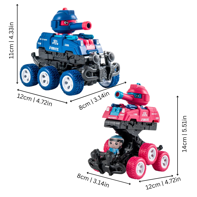 Orange transforming tank car toy mid-transformation, showcasing its dual-mode design for kids.