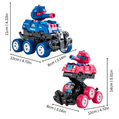 Orange transforming tank car toy mid-transformation, showcasing its dual-mode design for kids.