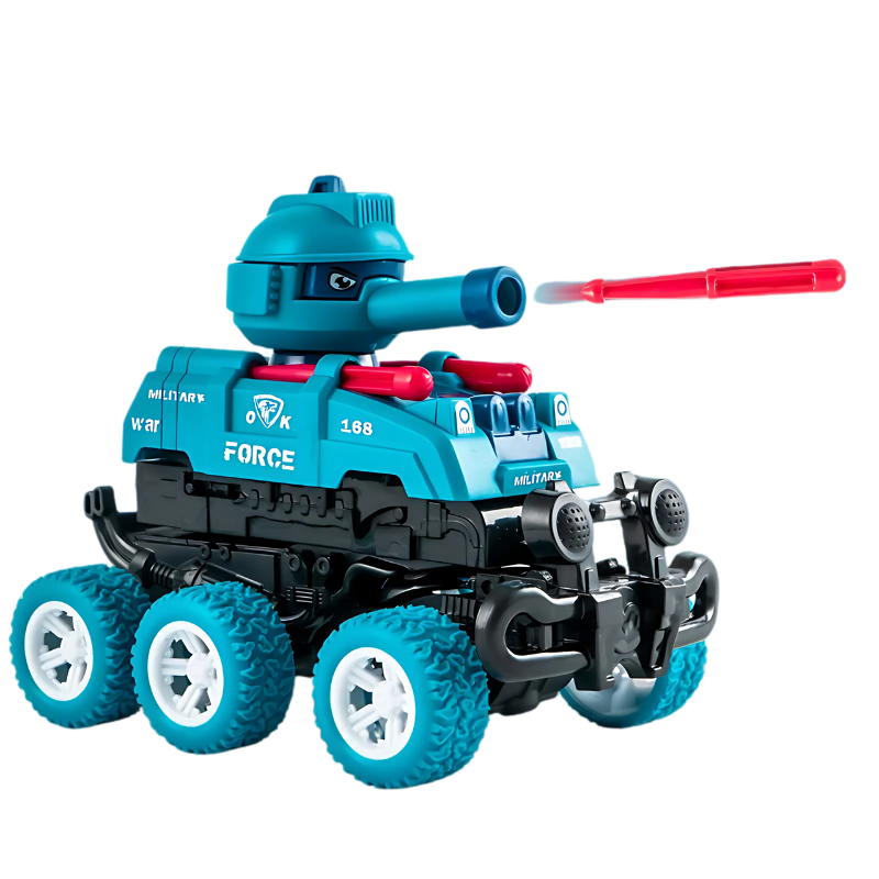 Dynamic collision toy: red transforming tank car firing a projectile, promoting active play.