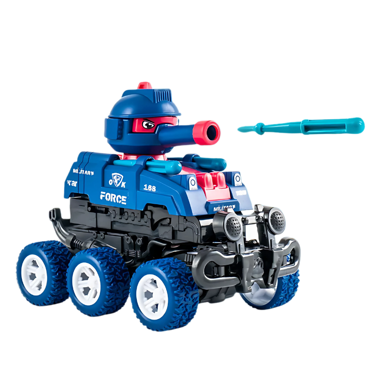 Collection of colorful transforming tank car toys, yellow, red, blue, orange, for imaginative kids' play.