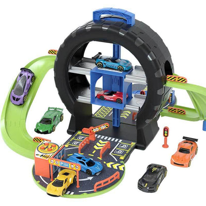 Kids' transforming tire race track & parking garage play set open with toy cars, portable activity toy