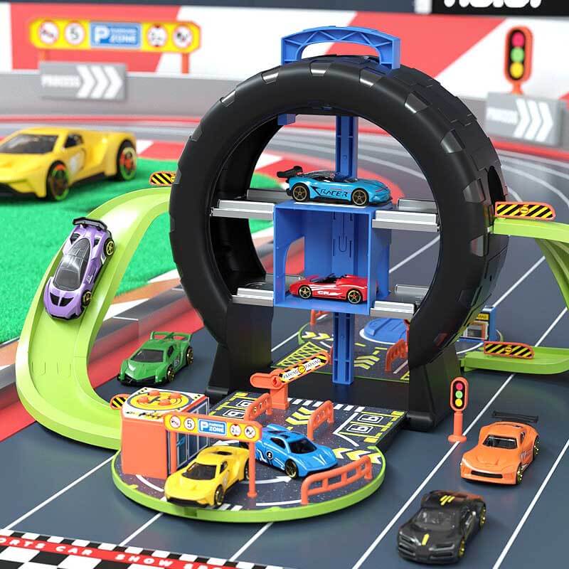 Children playing with a multi-level tire race track & parking garage toy, engaging car play set