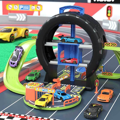 Children playing with a multi-level tire race track & parking garage toy, engaging car play set