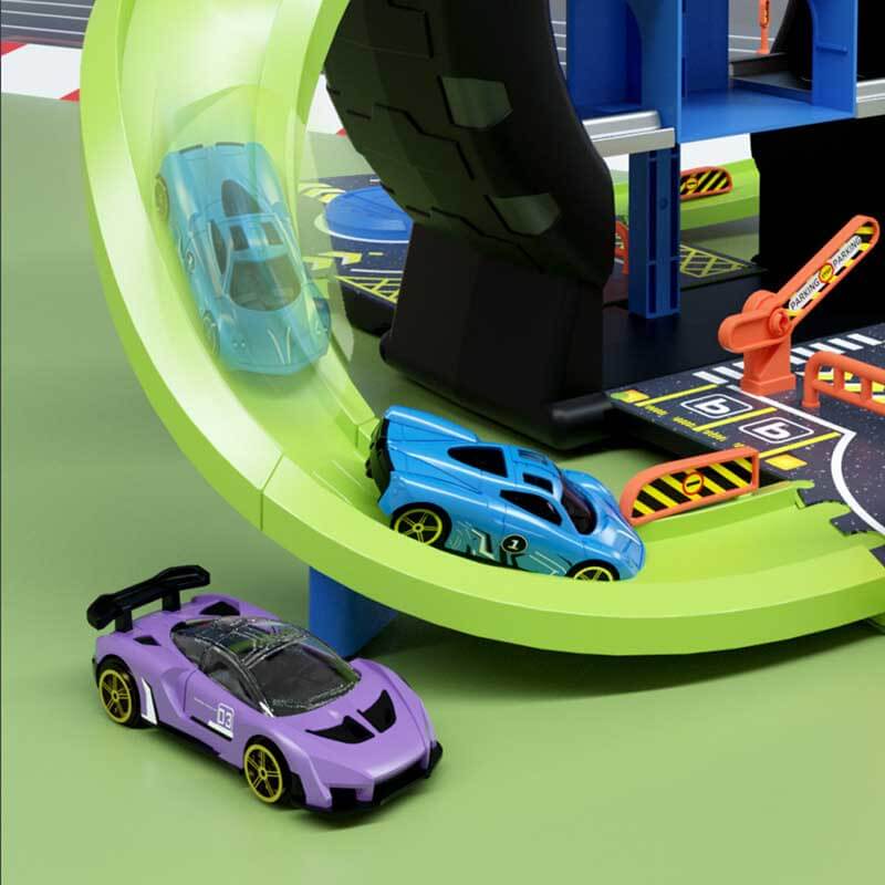 Close-up of the transforming feature of the tire race track parking garage, educational kids activity toy
