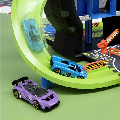 Close-up of the transforming feature of the tire race track parking garage, educational kids activity toy