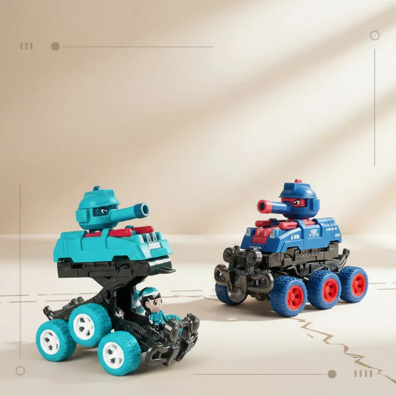 Kids' transforming toy tank with shooting function in action, ready for active play