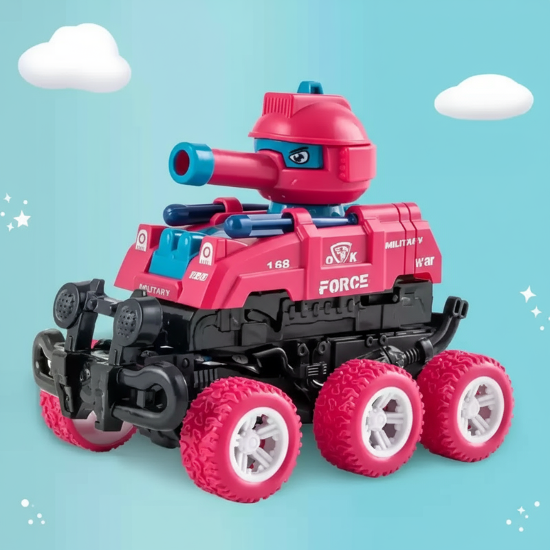 Collection of kids' transforming tank toys in various stages of transformation and play