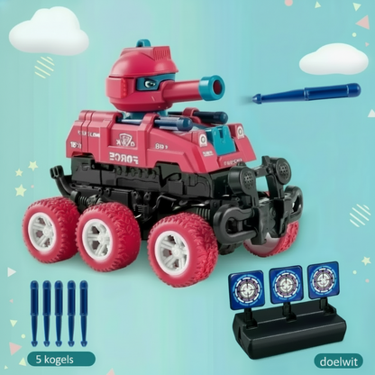 Top-down view of the durable transforming tank toy, featuring its multi-functional design and shooting capabilities