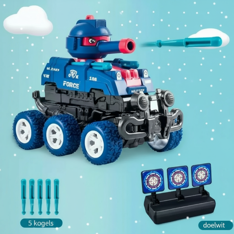 Packaging of the kids' transforming tank toy, emphasizing its shooting function and play value