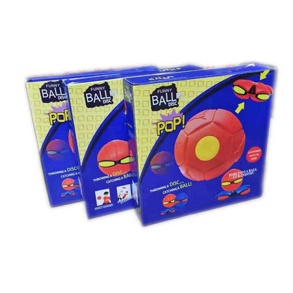 Group of kids laughing while playing with a colorful array of transforming UFO disc ball toys
