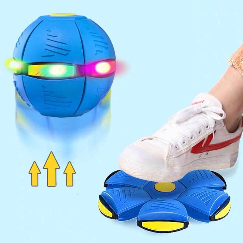 UFO disc ball toy mid-transformation from flat disc to round ball for kids' games