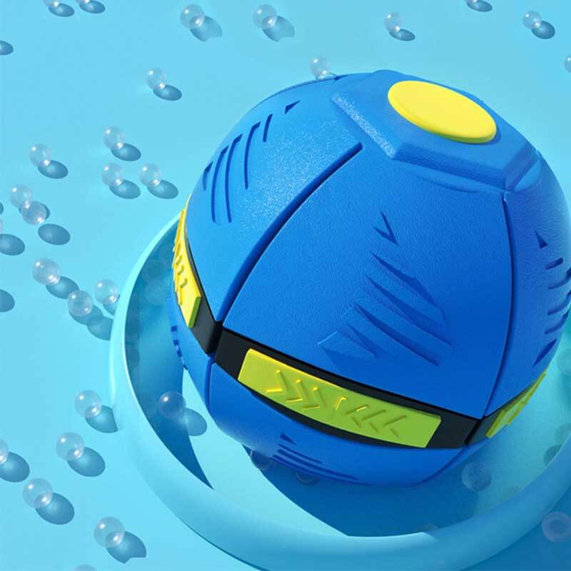 Close-up of vibrant blue transforming disc ball toy, an interactive kids' outdoor game