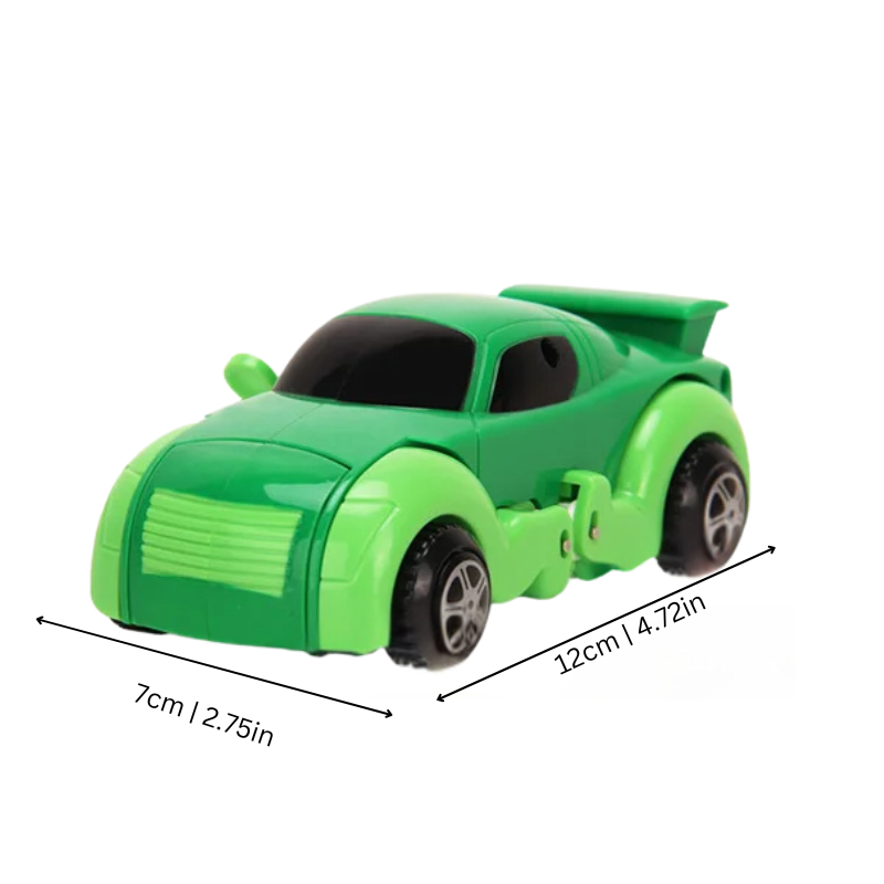 Yellow dog transforming wind-up pet car, no batteries, fun animal toy for kids.