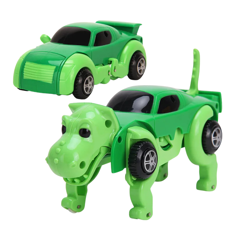 Set of colorful transforming wind-up animal cars, dinosaur and dog, for children's play.