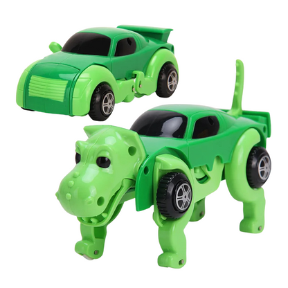 Set of colorful transforming wind-up animal cars, dinosaur and dog, for children's play.