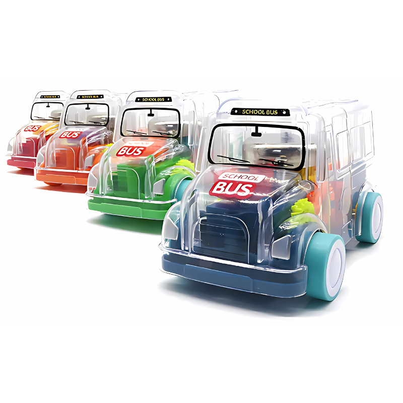 Kids' transparent educational bus toy with gears, flashing lights and engaging music for toddlers