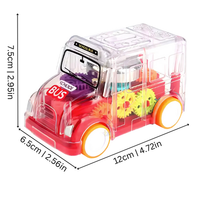Developmental transparent bus toy for kids showing internal gears, with lights and sounds