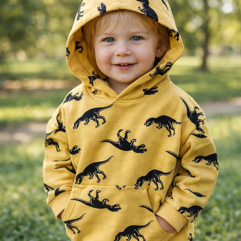 Kids' Triceratops Print Warm Breathable Hoodie in blue, ideal for boys and girls, front view.