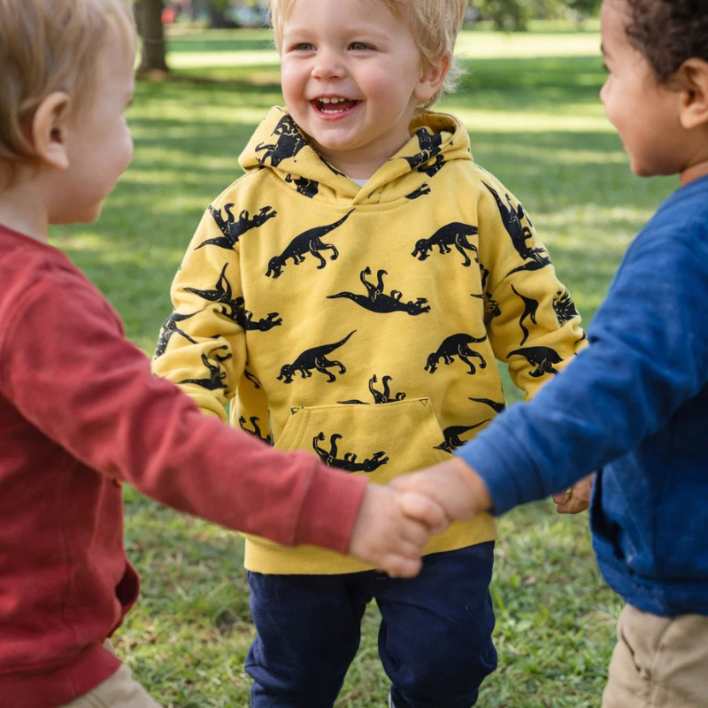 Childrens apparel: Triceratops print hoodie, breathable fabric, front close-up of dinosaur graphic.