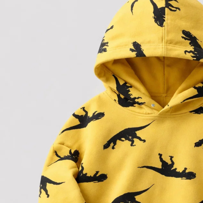 Boys' Triceratops hoodie in a vibrant color, warm and breathable, perfect for cool weather.
